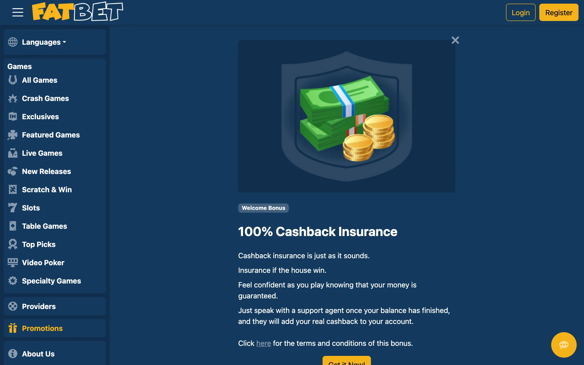 FatBet 100% cashback insurance offer card