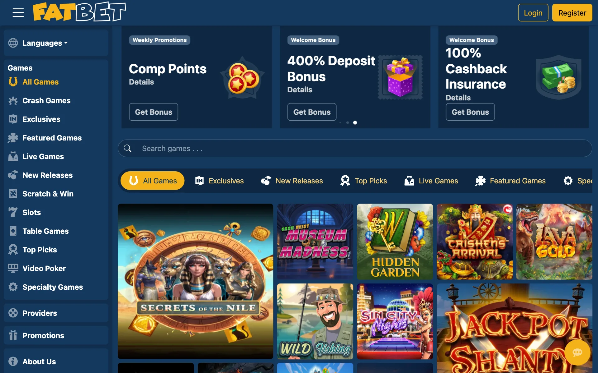 FatBet lobby with the welcome offers and featured games