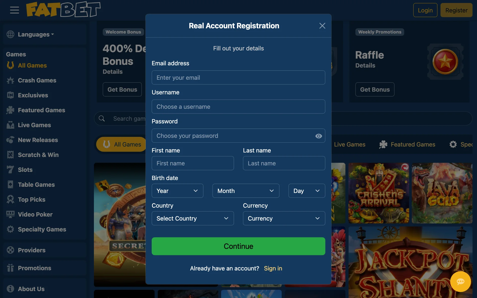 FatBet real account registration form